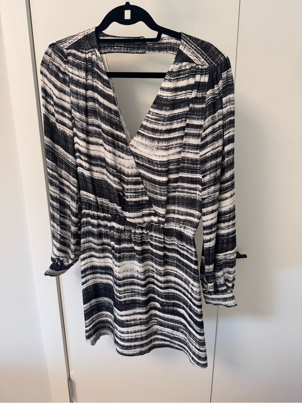 Parker Black and White Striped Long Sleeve Wrap Dress